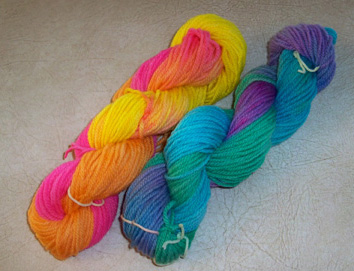 First 2 skeins of dyed yarn in hanks